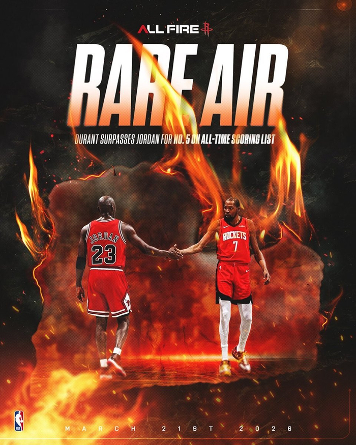 杜兰特生涯总得分超越乔丹火箭绝杀热火赛后更